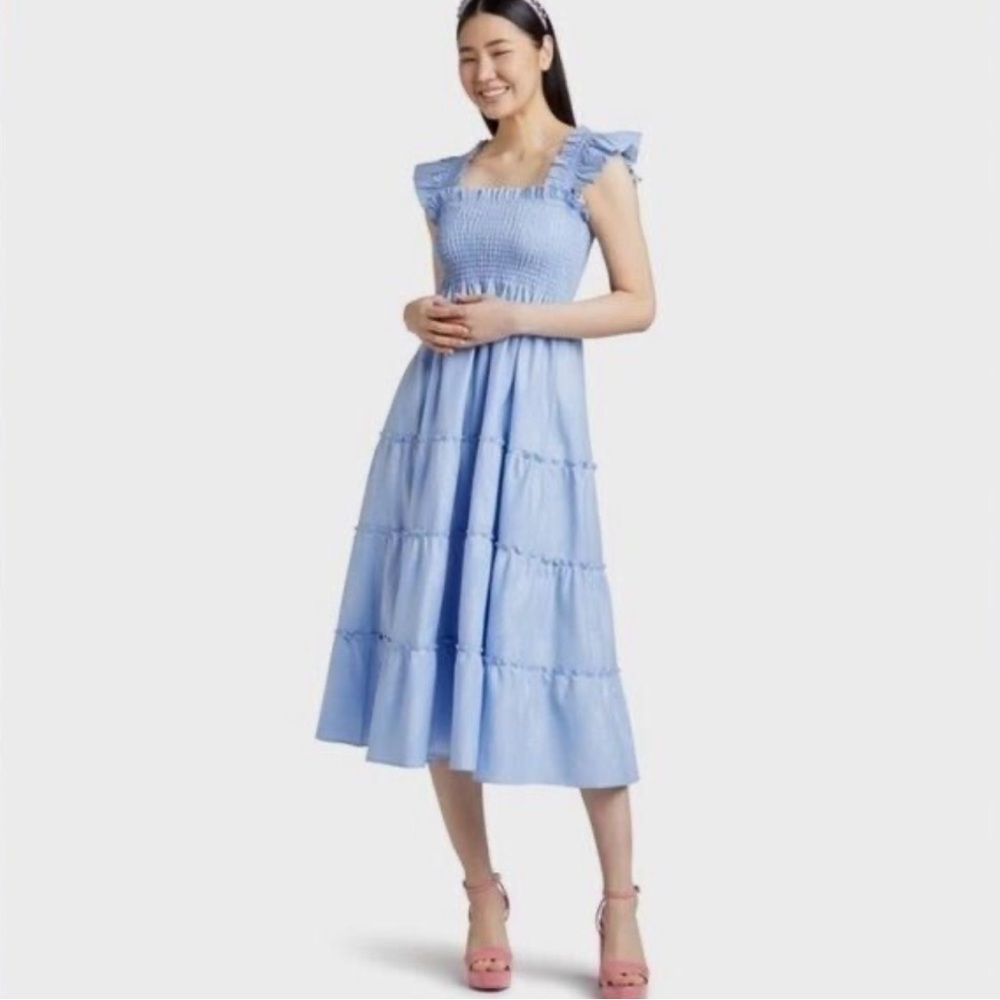 Hill House || The Ellie Nap Dress in Light Blue Metallic Check Shimmer